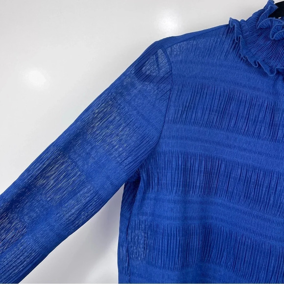 TOPSHOP Mock Neck Long Sleeve Ruffle Plisse Top Blue Size US 4 - Picture 5 of 12
